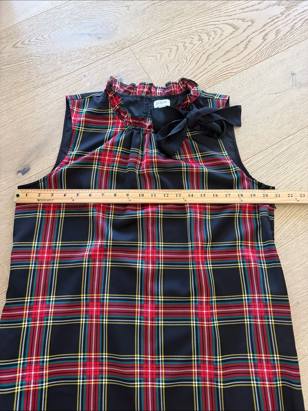 J. Crew Tartan Shift Dress Red Plaid Black Bow Neck Women's Size 14 Holiday - Picture 3 of 6